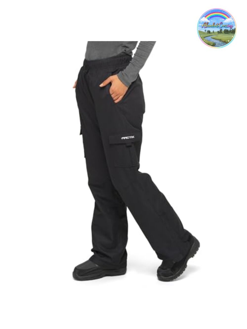 Fleece Lined Cargo Snow Pants Pull On Elastic Waist Skiing Winter Bottoms